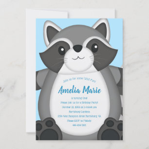 Raccoon Birthday Party Blue Invitation