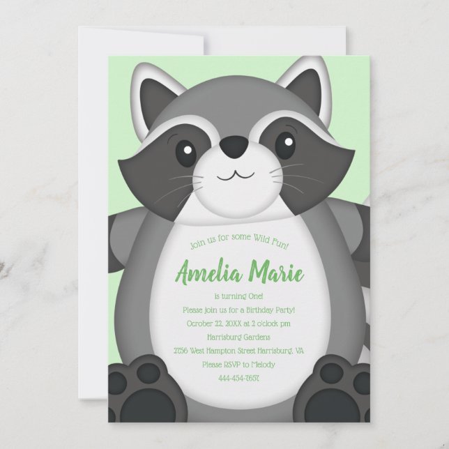 Raccoon Birthday Party Green Invitation (Front)