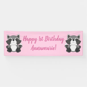 Raccoon Birthday Party Pink Banner