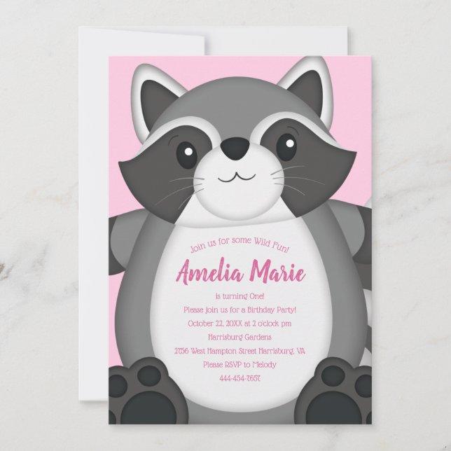 Raccoon Birthday Party Pink Invitation (Front)