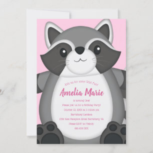 Raccoon Birthday Party Pink Invitation