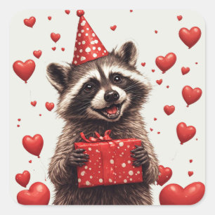 🎂 Raccoon Birthday Party With Balloons Square Sticker