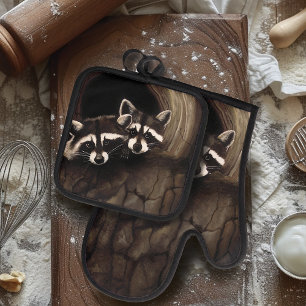 Raccoon Brown Cute Tree Oven Mitt & Pot Holder Set