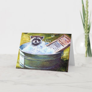Raccoon Bubble Bath blank greeting card