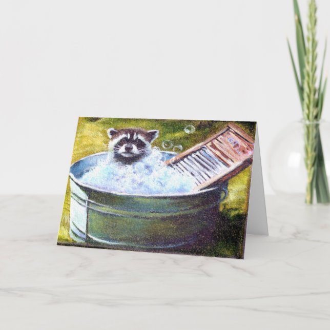 Raccoon Bubble Bath blank greeting card (Front)