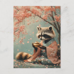 Raccoon Buddha: Peaceful Tea Under Cherry Tree Holiday Postcard