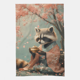 Raccoon Buddha: Peaceful Tea Under Cherry Tree Kitchen Towel