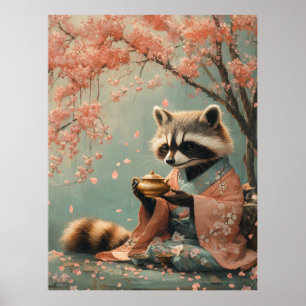 Raccoon Buddha: Peaceful Tea Under Cherry Tree Poster
