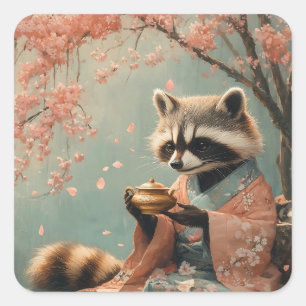 Raccoon Buddha: Peaceful Tea Under Cherry Tree Square Sticker