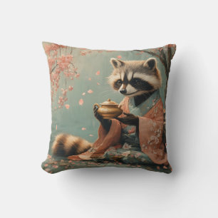 Raccoon Buddha: Peaceful Tea Under Cherry Tree Throw Pillow