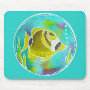 Raccoon Butterfly Fish Batik Art Mouse Pad