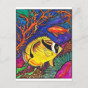 Raccoon Butterflyfish and Seahorse Art Postcard