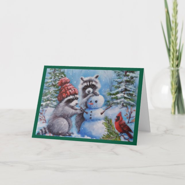 Raccoon, Cardinal, Snowman Blank Greeting Card (Front)