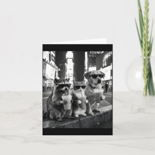Raccoon Cat Dog Drinking Iced Coffee Funny Animal Card