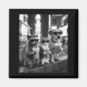 Raccoon Cat Dog Drinking Iced Coffee Funny Animal Magnet