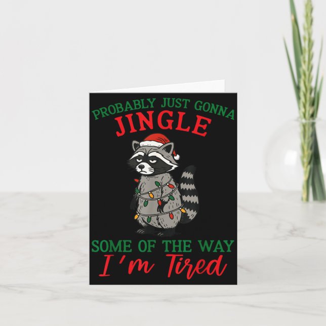 Raccoon Christmas Lights Pajama Holiday Santa Hat  Card (Front)