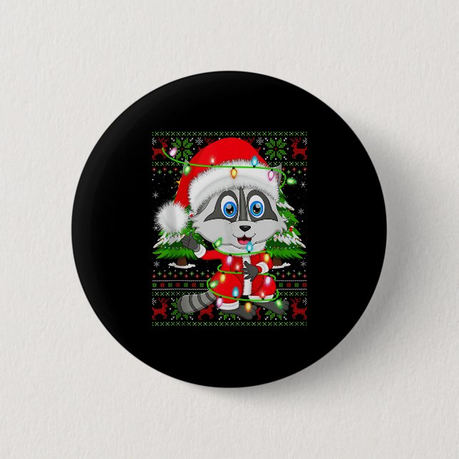 Raccoon Christmas Lights Santa Costume Ugly Xmas S 2 Inch Round Button (Front)