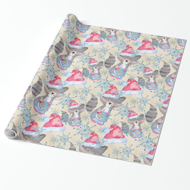 Raccoon Christmas pattern Wrapping Paper (Unrolled)