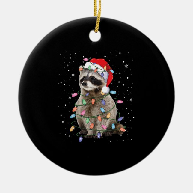 Raccoon Christmas Tree Lights Pajama Racoon Lover Ceramic Ornament (Front)