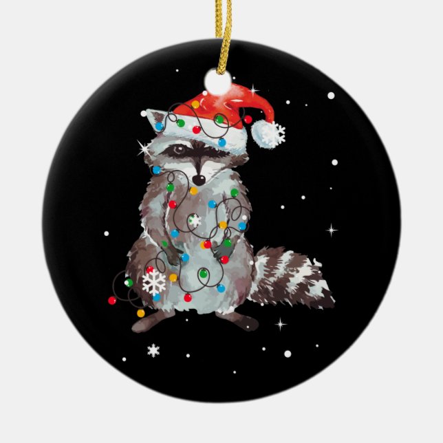 Raccoon Christmas Tree Lights Pajama Racoon Lover Ceramic Ornament (Front)
