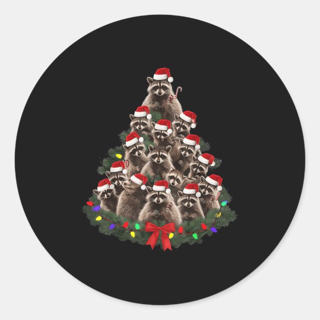 Raccoon Christmas Tree Lights Pajama Racoon Lover  Classic Round Sticker (Front)