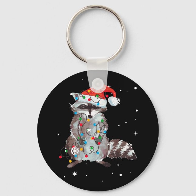Raccoon Christmas Tree Lights Pajama Racoon Lover Keychain (Front)