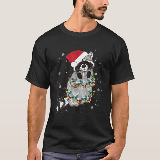Raccoon Christmas Tree Lights Raccoon Lover Funny T-Shirt (Front)