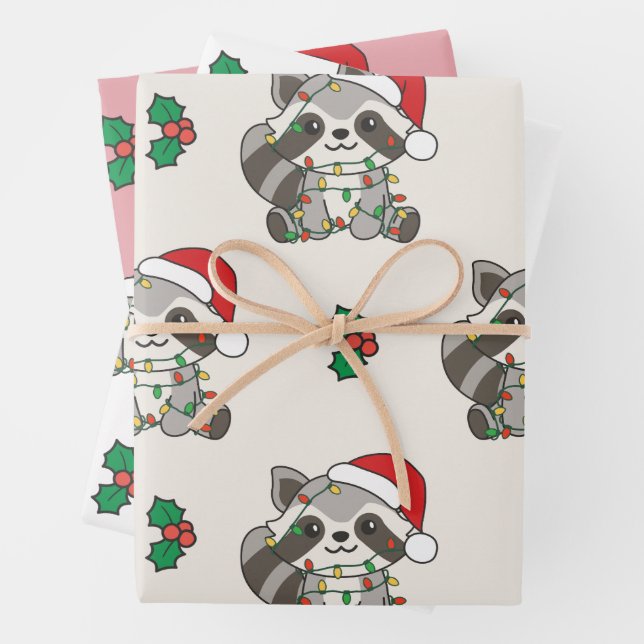 Raccoon Christmas Winter Animals Holiday Raccoons Wrapping Paper Sheet (In situ)