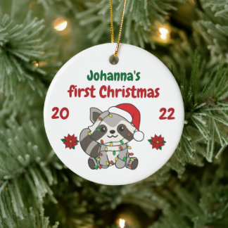Raccoon Christmas Winter Babys first Christmas Ceramic Ornament