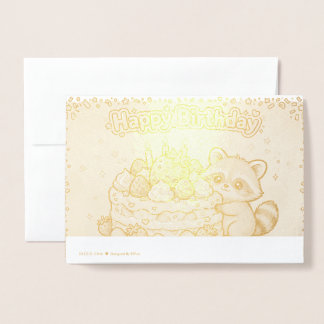 raccoon cuddling a giant strawberry birthday card