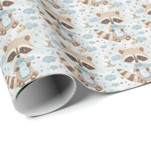 Raccoon Cute Baby Pastel Watercolor Pattern  Wrapping Paper