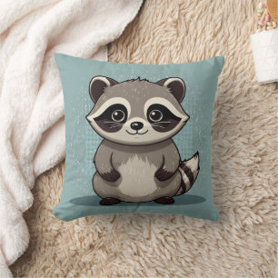 Raccoon Cute Kawaii Standing Print Throw Pillow