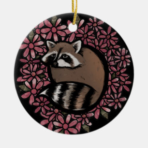 Raccoon Daisy Flower Art Raccoons Daisies Floral   Ceramic Ornament