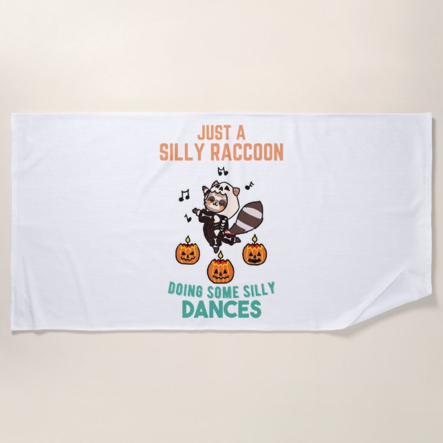Raccoon Dancing Halloween Pumpkin Party Beach Towel (Front)