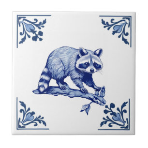 Raccoon Delft Blue and White Corners Woodland Tile