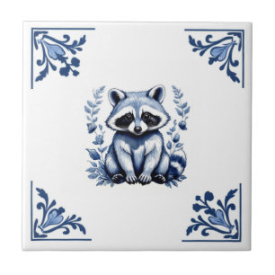 Raccoon Delft Blue White Corners Woodland Animals Tile