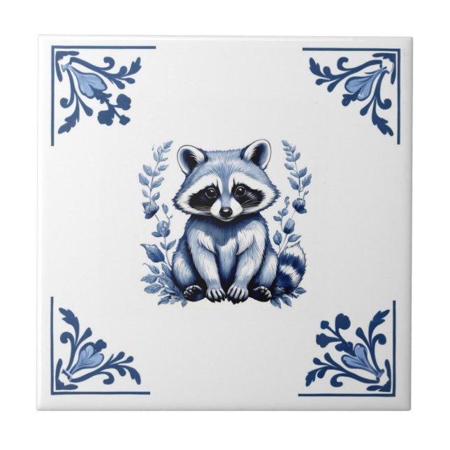 Raccoon Delft Blue White Corners Woodland Animals Tile (Front)
