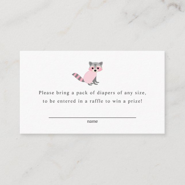 Raccoon diaper raffle card for girl baby shower (Front)