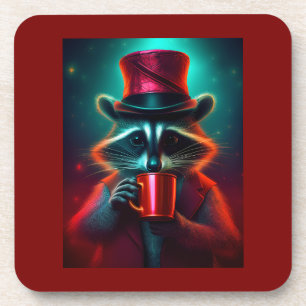Raccoon Dressed In A Red Outfit Drinking Coffee Coaster