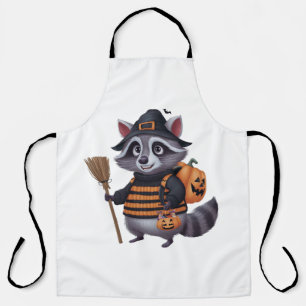 Raccoon dressed in a spooky Halloween Apron