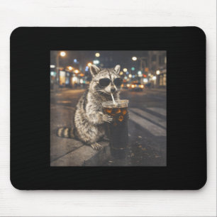 Raccoon drinking black iced coffee funny animal mouse pad