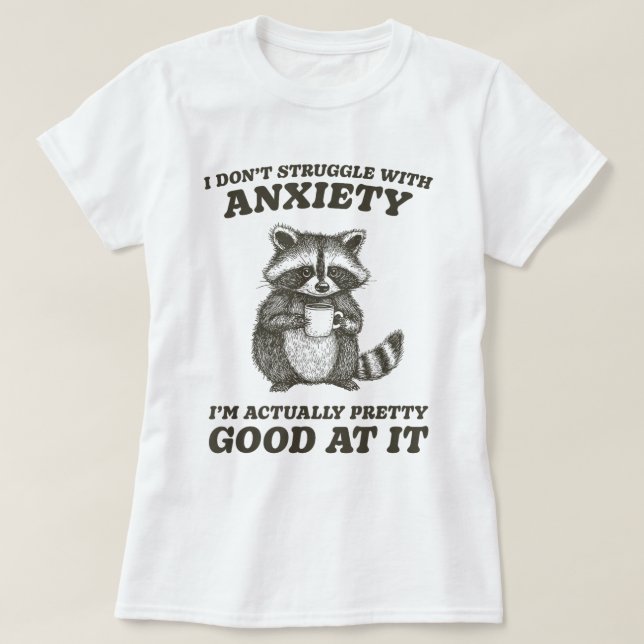 Raccoon Drinking Coffee Anxiety Humour T-Shirt (Design Front)