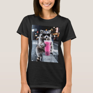 Raccoon drinking iced boba pink tea funny meme men T-Shirt