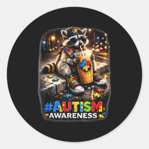 Raccoon drinking iced coffee autism awareness classic round sticker