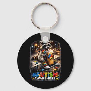 Raccoon Drinking Iced Coffee Autism Awareness Keychain