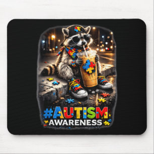 Raccoon Drinking Iced Coffee Autism Awareness Mouse Pad