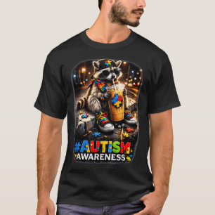Raccoon drinking iced coffee autism awareness T-Shirt