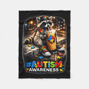 Raccoon drinking iced coffee autism awarenessRacco Fleece Blanket