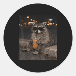Raccoon drinking iced coffee funny animal meme classic round sticker