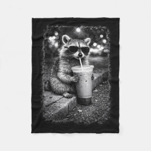 Raccoon drinking iced coffee funny animal meme fleece blanket